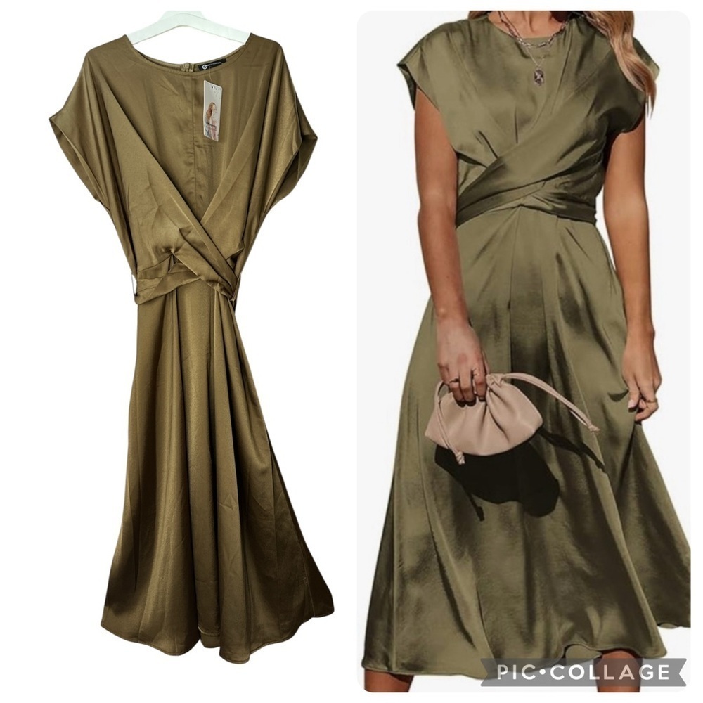 Olive Green Sateen Maxi Especial Ocassion Maxi Short Sleeves Large Dress BNWT